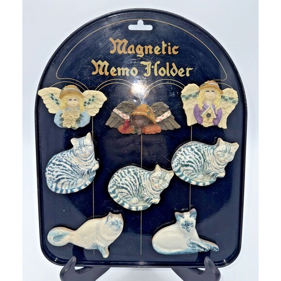 Vintage Magnetic Memo Holder/Board With Cat & Angel Magnets 11”x 9” Black/Gold - Picture 7 of 12